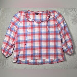 Ann Taylor Factory Red White Blue Plaid Peasant Cotton Blend Boho Blouse Large P